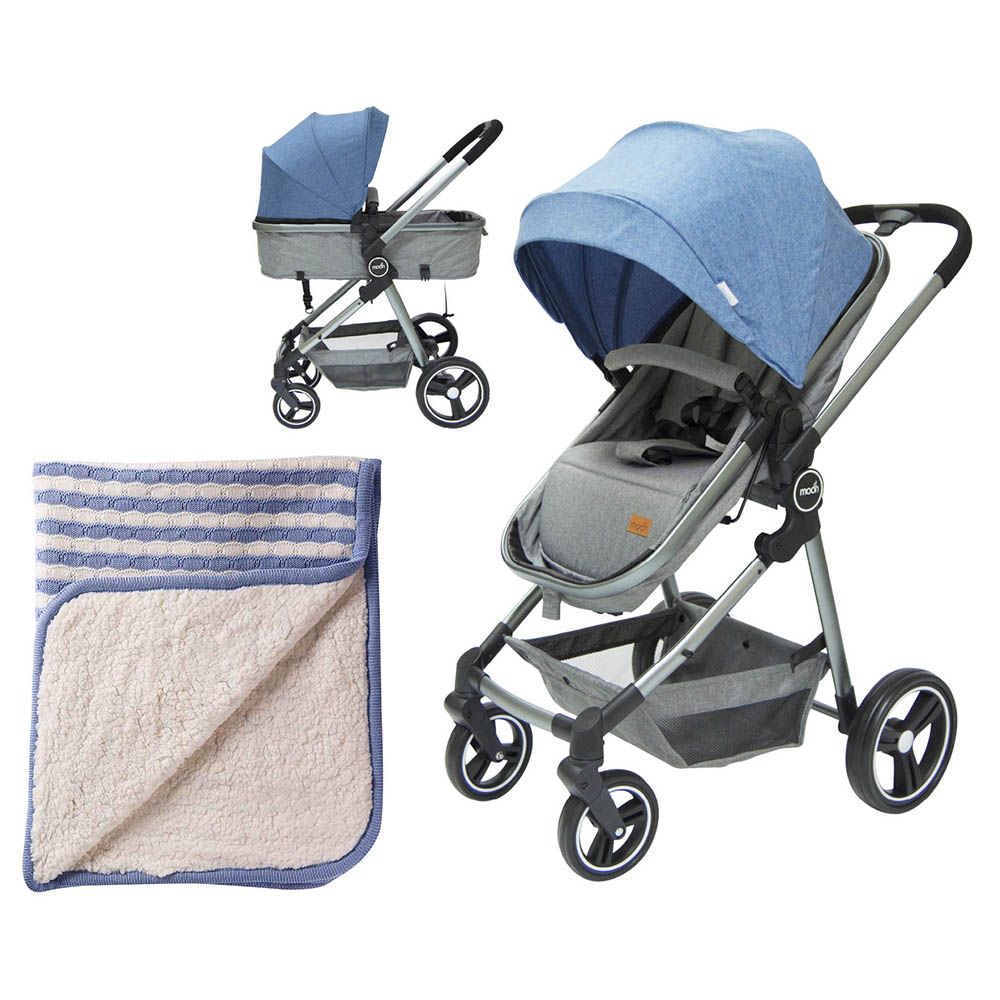 Moon - 2-in-1 Stroller - Grey + Cotton Baby Blanket - Blue