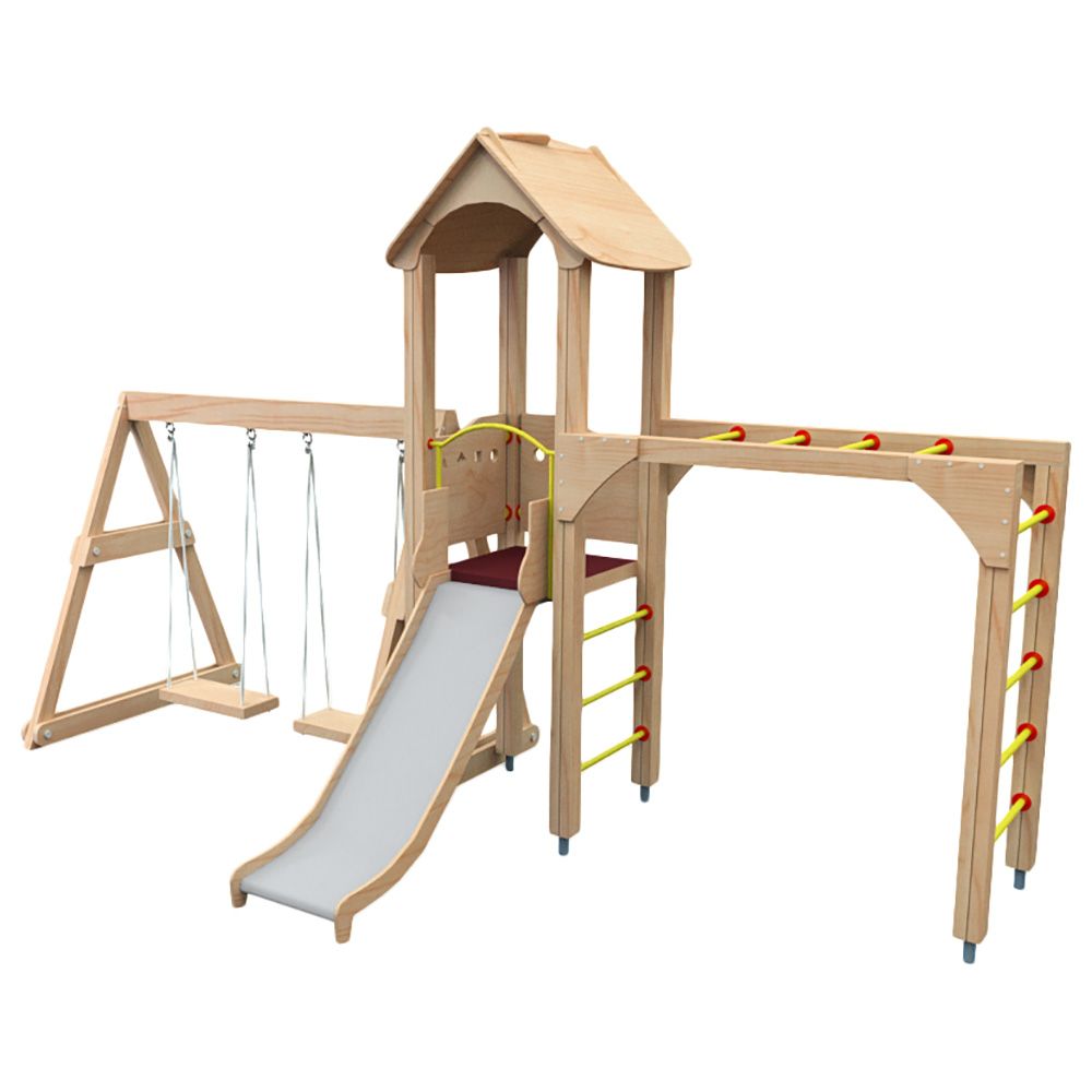 Moon Kids Wooden Playhouse W/ Monkey Bars & Double Swing