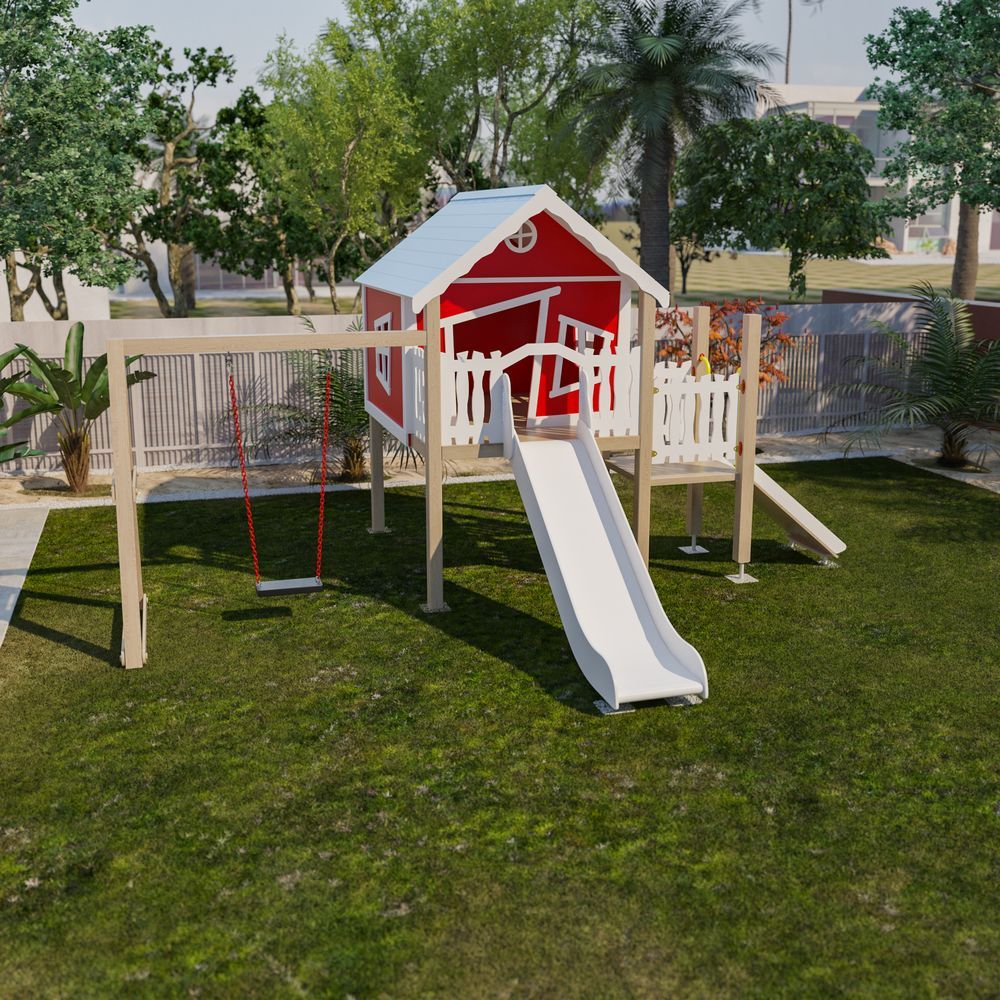 Moon Kids - Playhouse W/ Platform, Wall Ramp, Slide & Swing