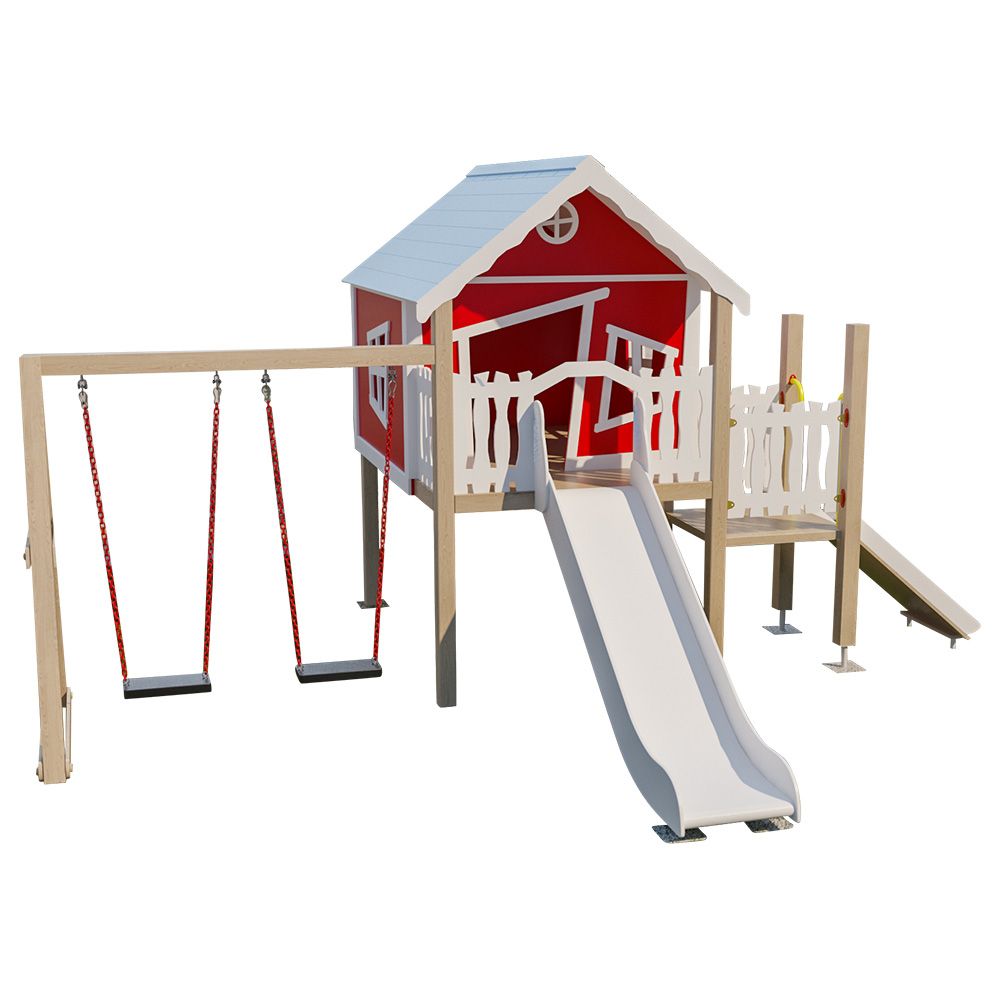 Moon Kids Playhouse W/ Platform, Wall, Slide & Double Swing