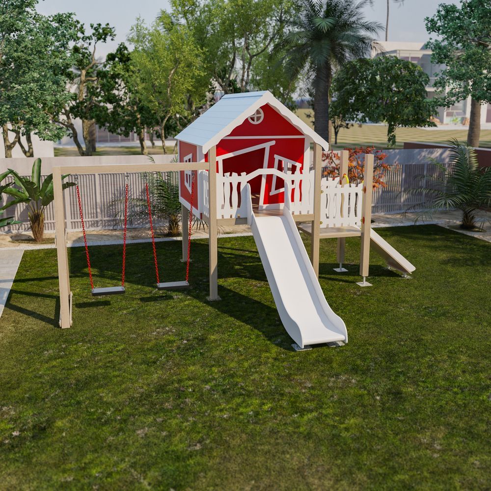 Moon Kids Playhouse W/ Platform, Wall, Slide & Double Swing