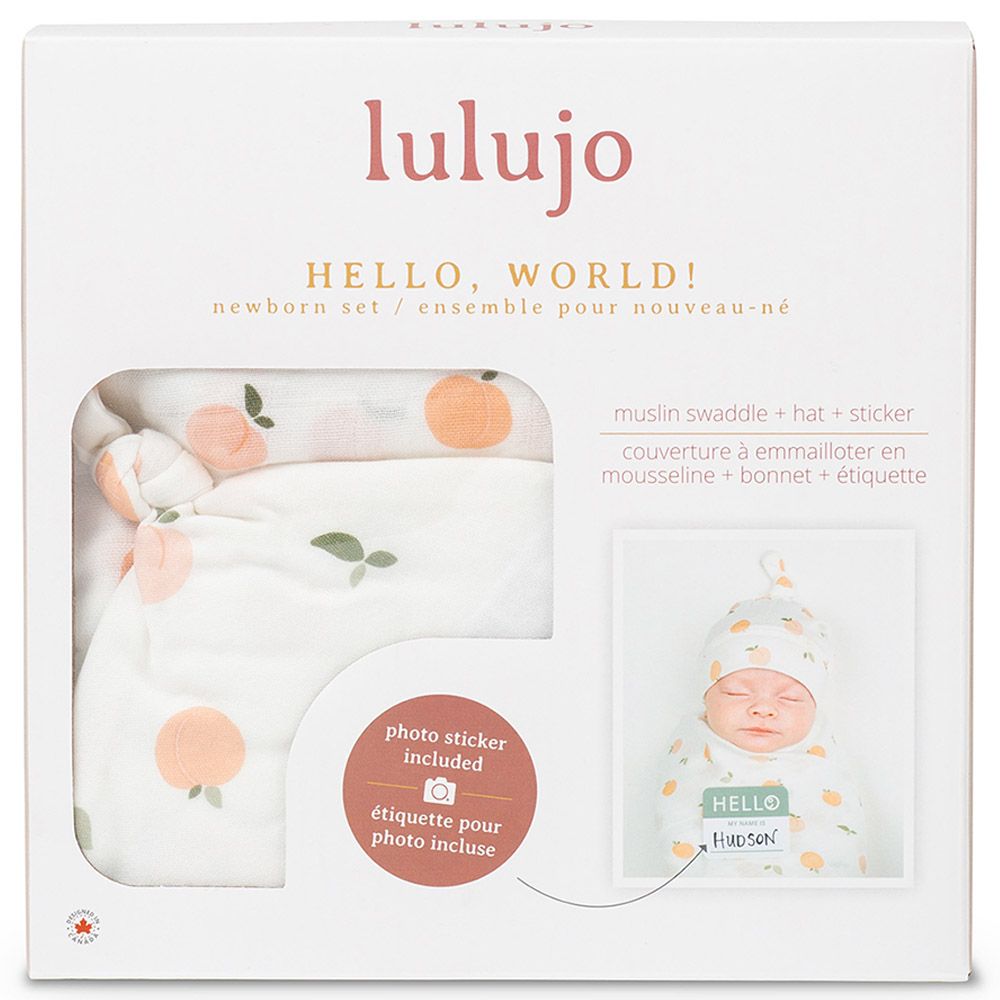 Lulujo - Hello World Swaddle & Hat Set - Peaches