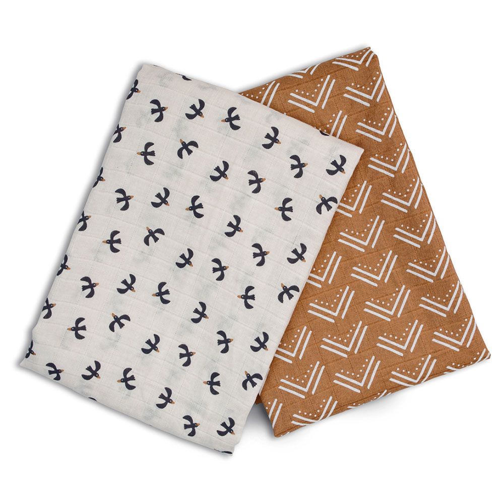 Lulujo - Pack of 2 Cotton Swaddles - Mud Cloth/Black Birds