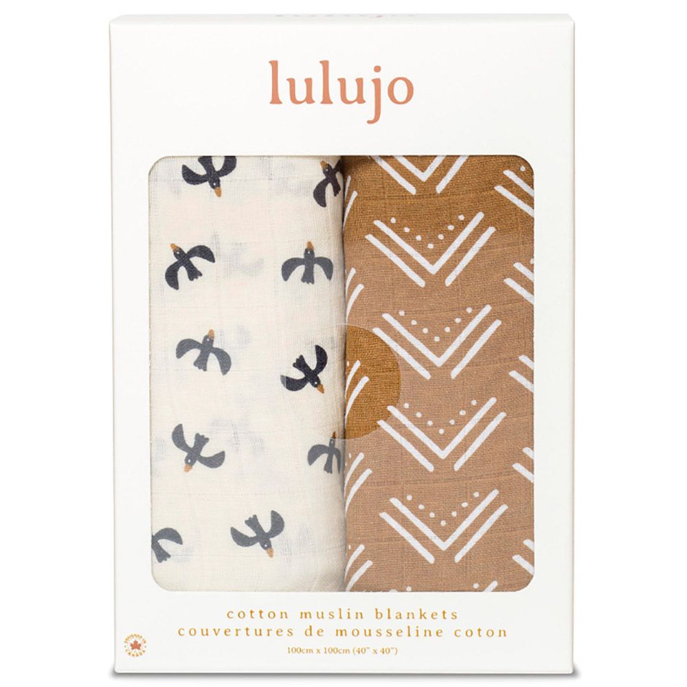 Lulujo - Pack of 2 Cotton Swaddles - Mud Cloth/Black Birds