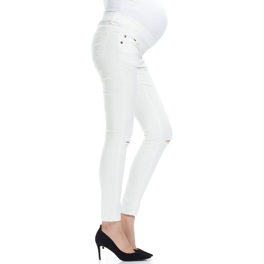 Mums & Bumps -Soon Distressed Maternity Denim - White