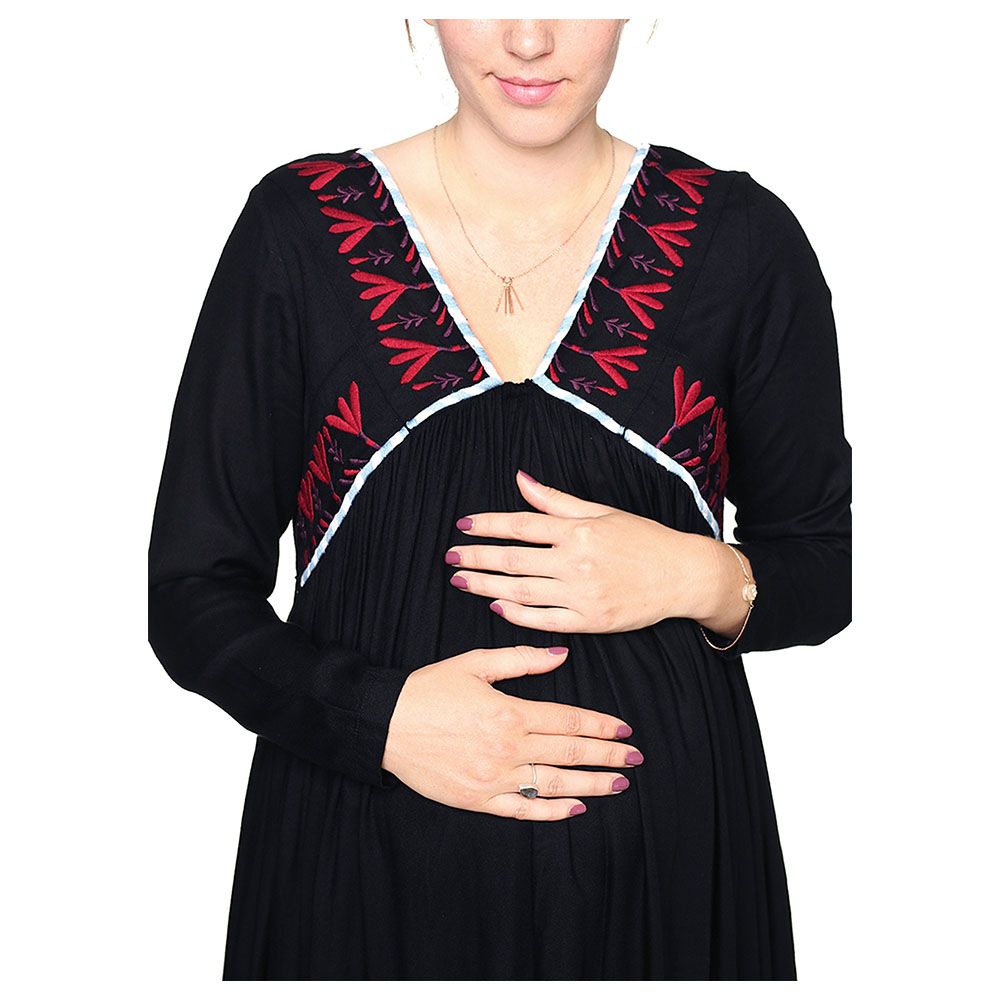 Mums & Bumps Mara Mea Maternity Embroidered Dress - Black