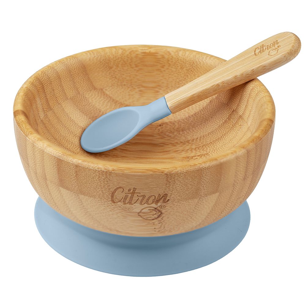 Citron - Organic Bamboo Bowl Suction with Spoon - Dusty Blue