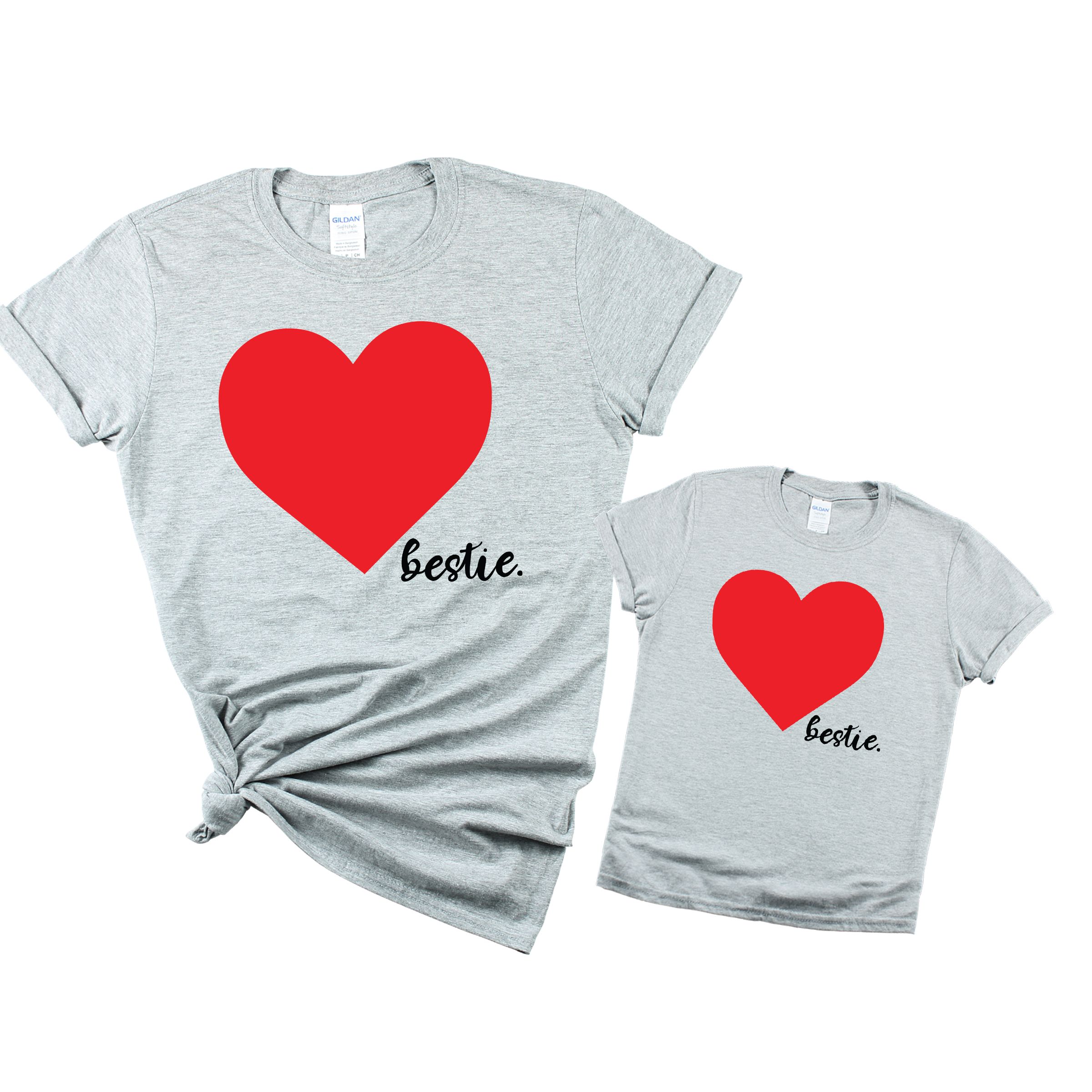 Matching Family Outfits - Mom Bestie-Heart T-Shirt - Grey