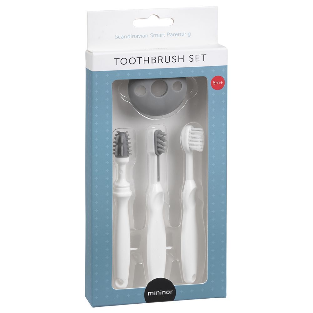 Mininor - Infant to Toddler Toobrush Training Set - 3pcs - White/Grey