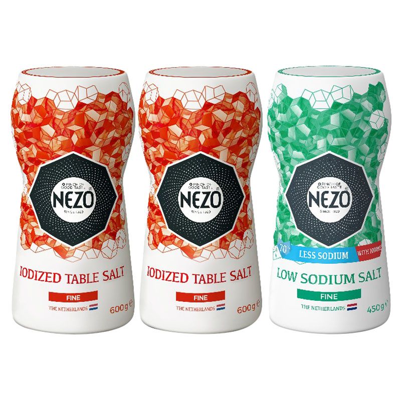 Nezo - Iodized Table Salt 2x600g + Low Sodium Salt 450g