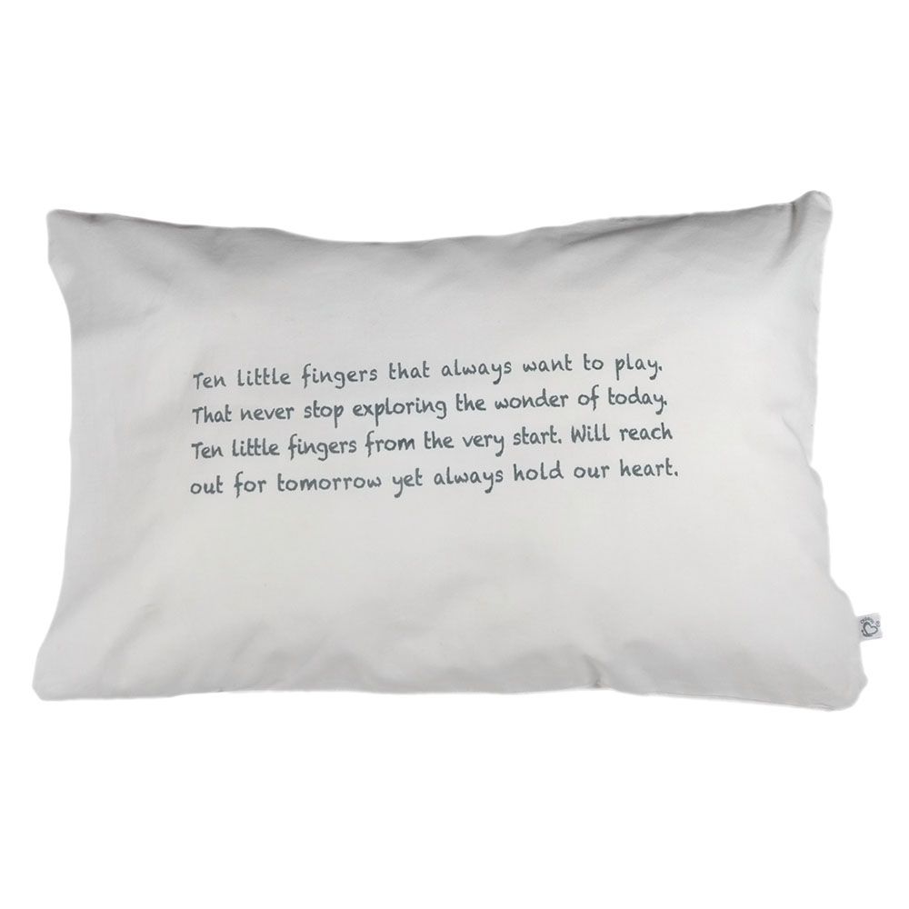 Me - Handprinted Organic Junior Cushion - Baby Poem Grey