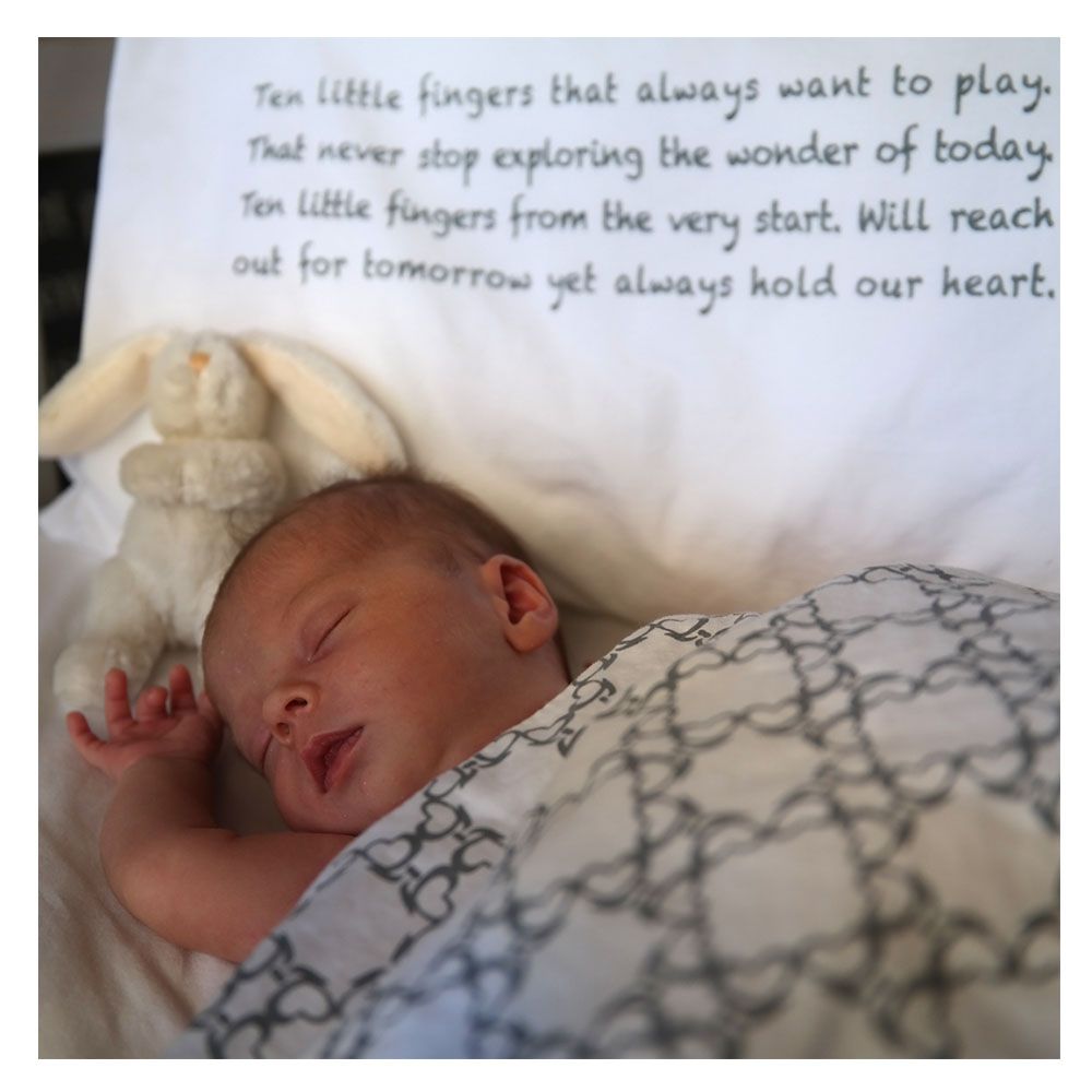 Me - Handprinted Organic Junior Cushion - Baby Poem Grey