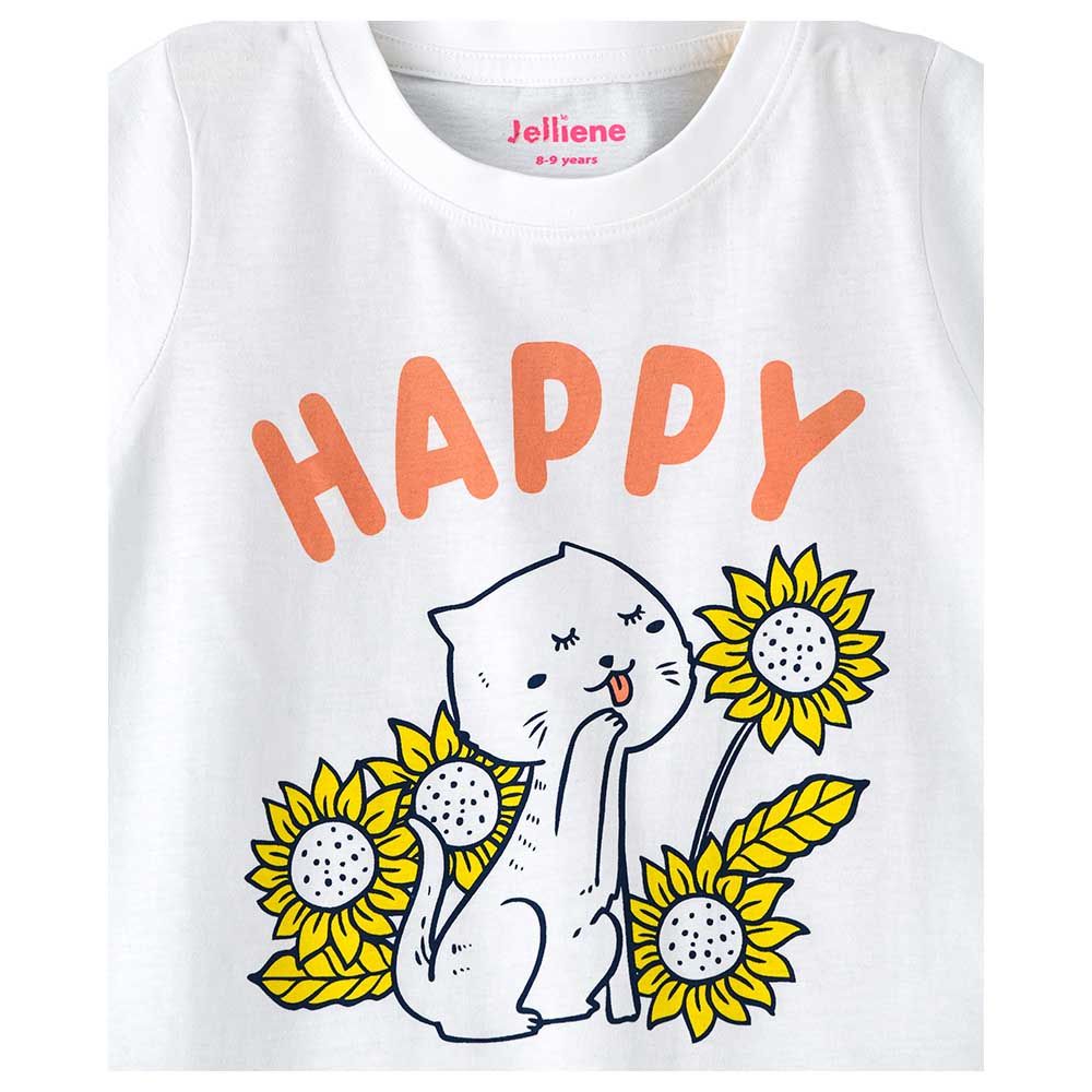 Jelliene - Girls Printed Basic Round Neck Graphic T-Shirt - White