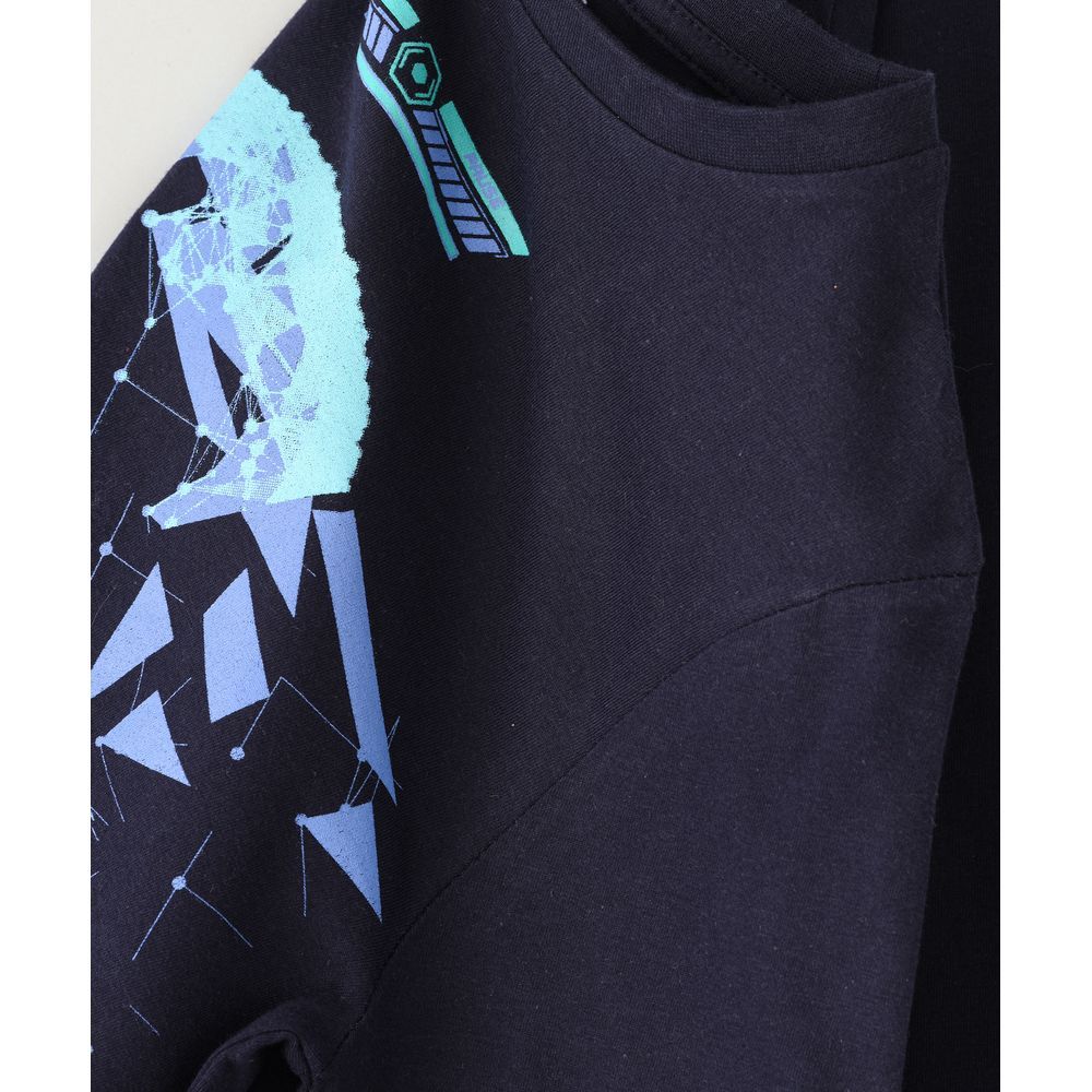 Jam - Round Neck Knit T-Shirt W/ Print At Front - Blue