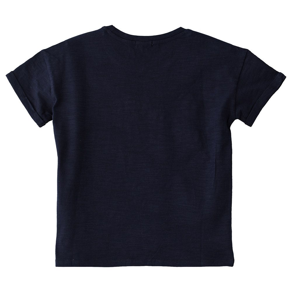 Jelliene - Printed Round Neck S/Slv Boxy Fit Knit Top - Navy Blue