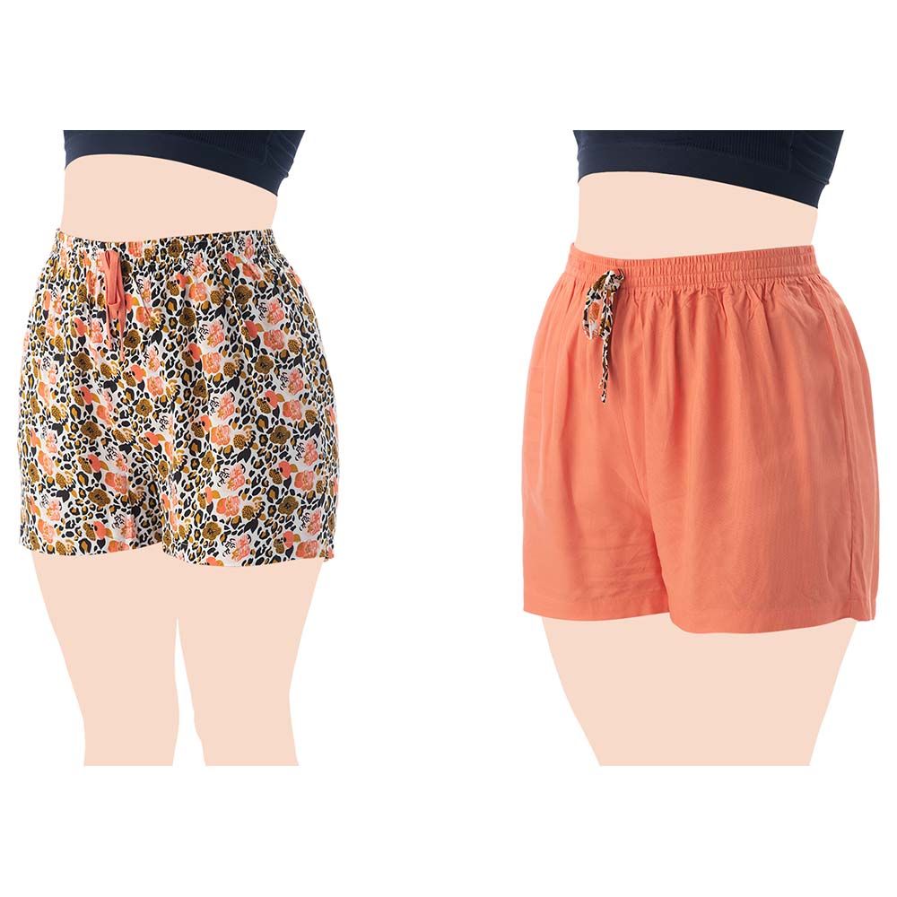 Lacy Dreams - 2pc-Set Shorts Solid Peach & Floral Printed Orange