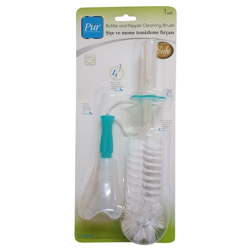 PUR - Bottle & Nipple Brushes W/ Stand For Draining - Blue