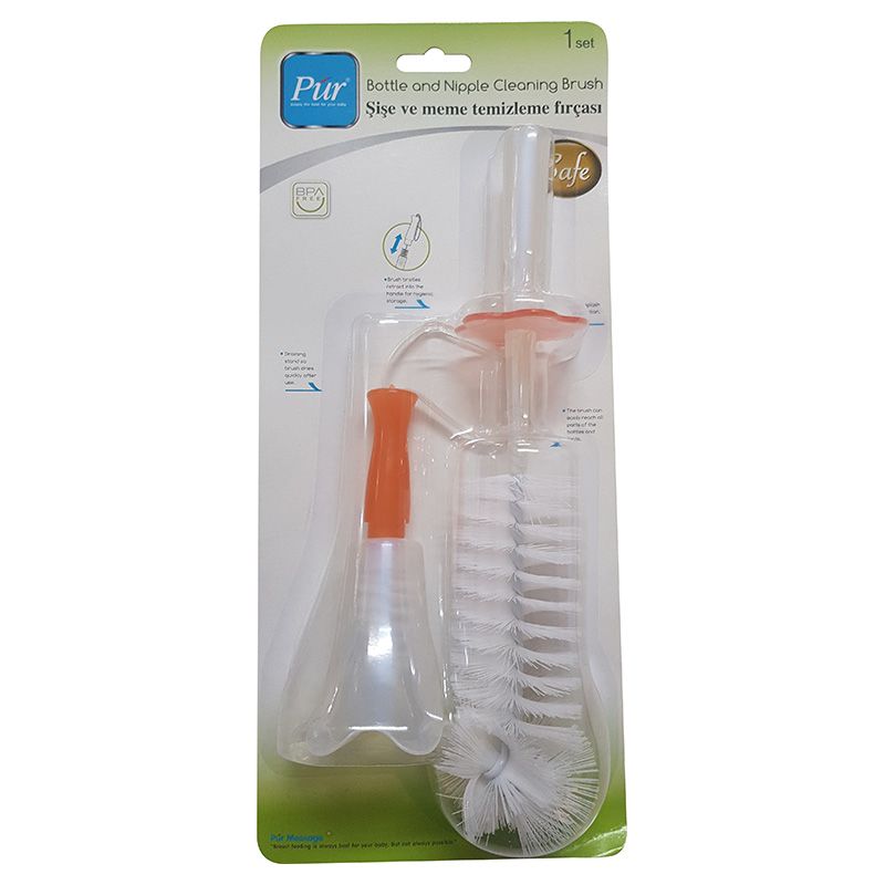 PUR - Bottle & Nipple Brushes W/ Stand For Draining - Peach