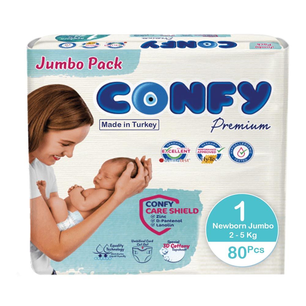 Confy - Premium Baby Diapers Jumbo Single Pack- New Born Size 1 - 4-6kg - 80 Diapers