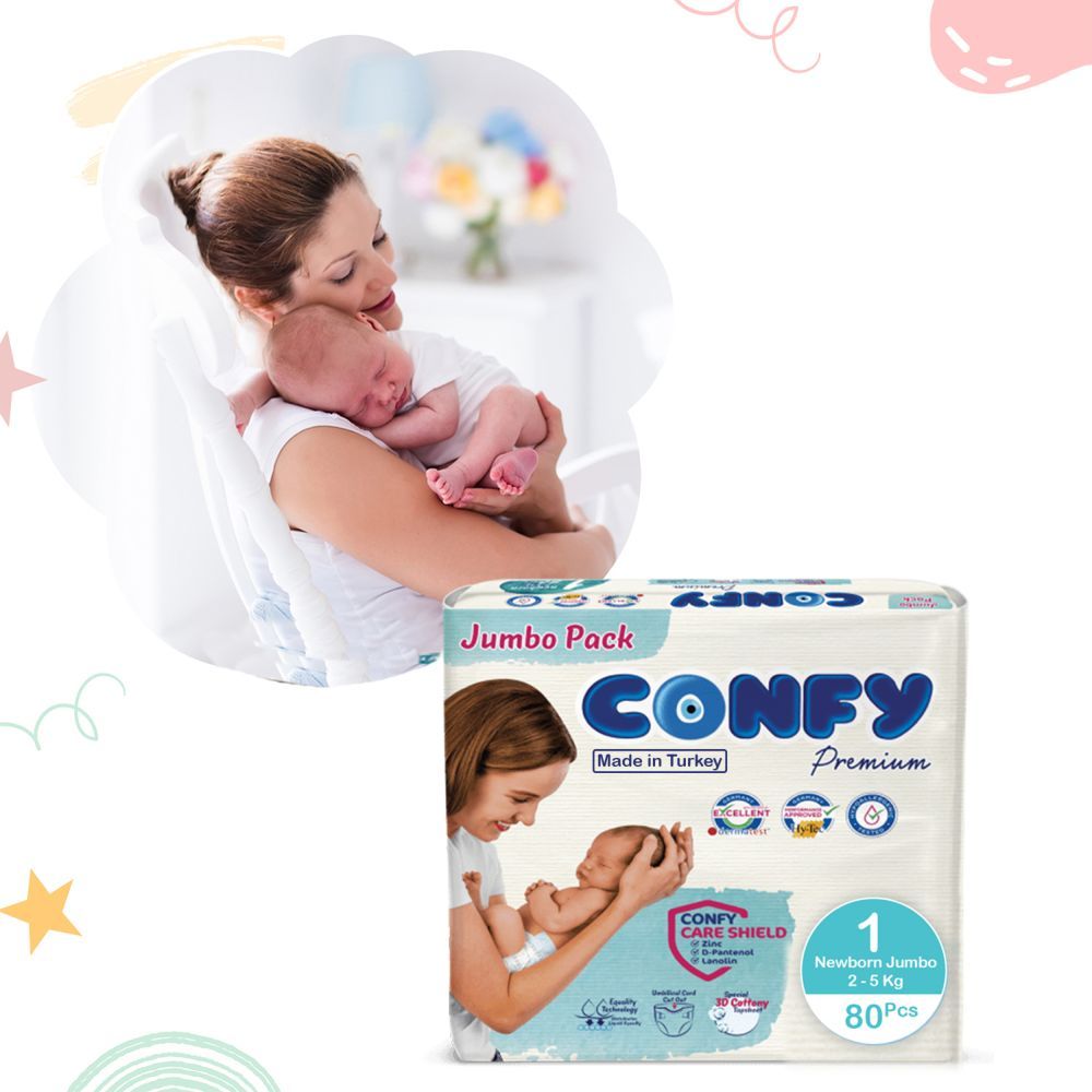 Confy - Premium Baby Diapers Jumbo Single Pack- New Born Size 1 - 4-6kg - 80 Diapers