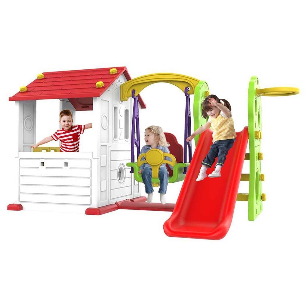 Megastar - Sun N Shine Big Playhouse W/ Slide, Swing & Basketball Ring