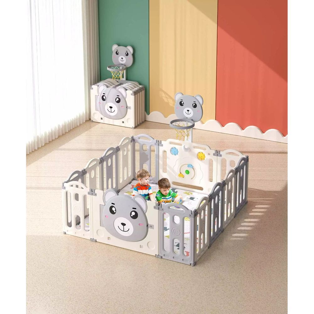 Megastar - 16-Panel Owl Playpen W/ Lock Door - Grey & White