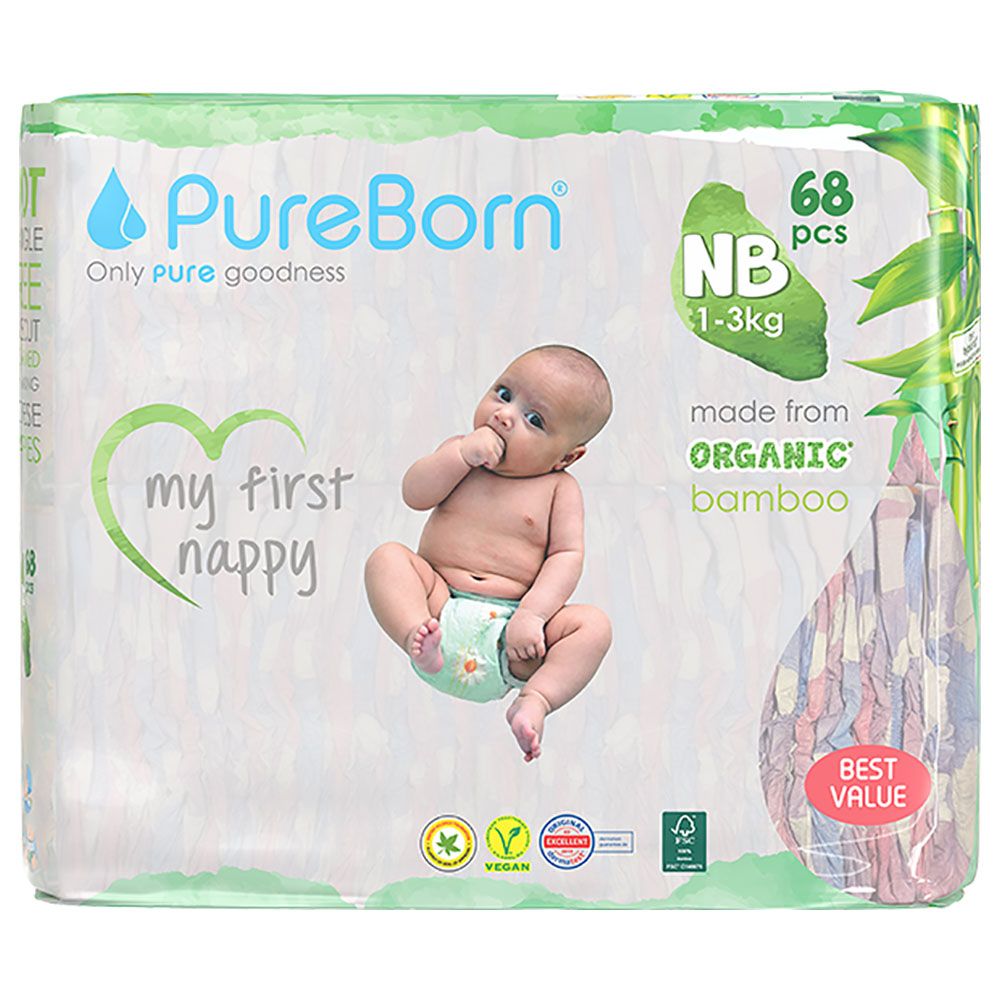 Pureborn - New Born Double Pack 1-3kg Nappy 68's x 3 Bundle - Assorted