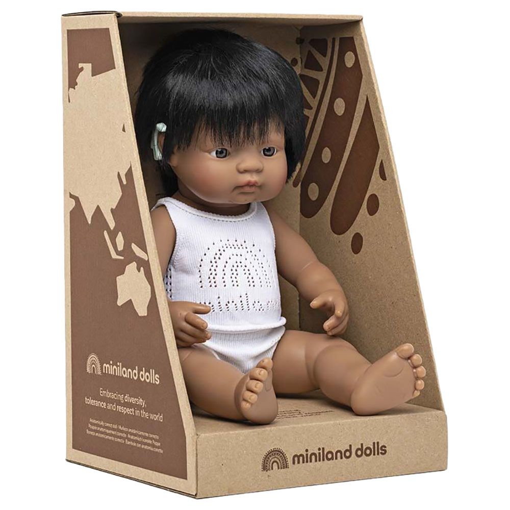 Miniland Baby - Hispanic Boy Doll w/ Hearing Aid - 38cm - Brown