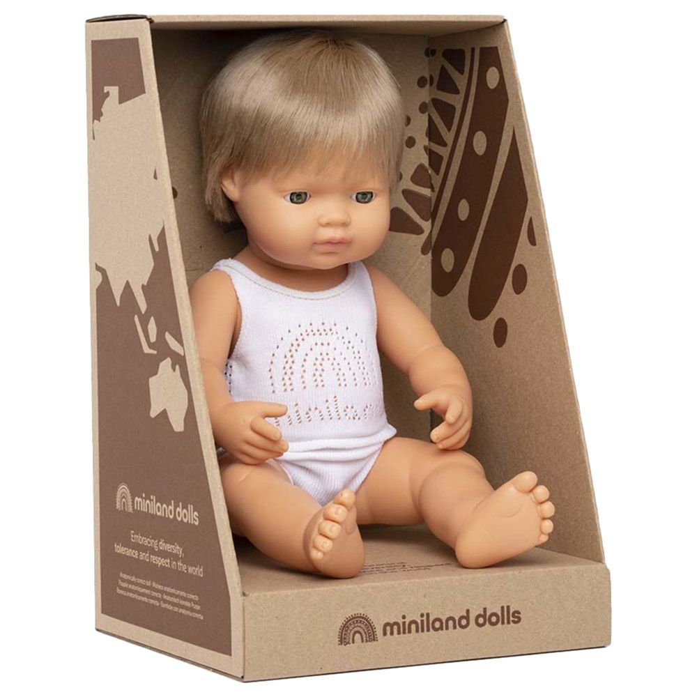 Miniland Baby - Caucasian Dark Blond Boy Doll - 38cm - White