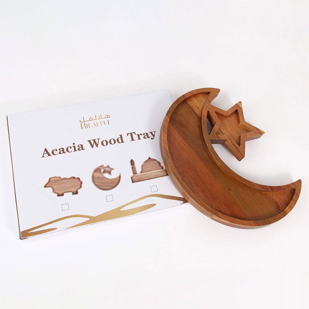 HilalFul - Acacia Wood Tray: Moon Star