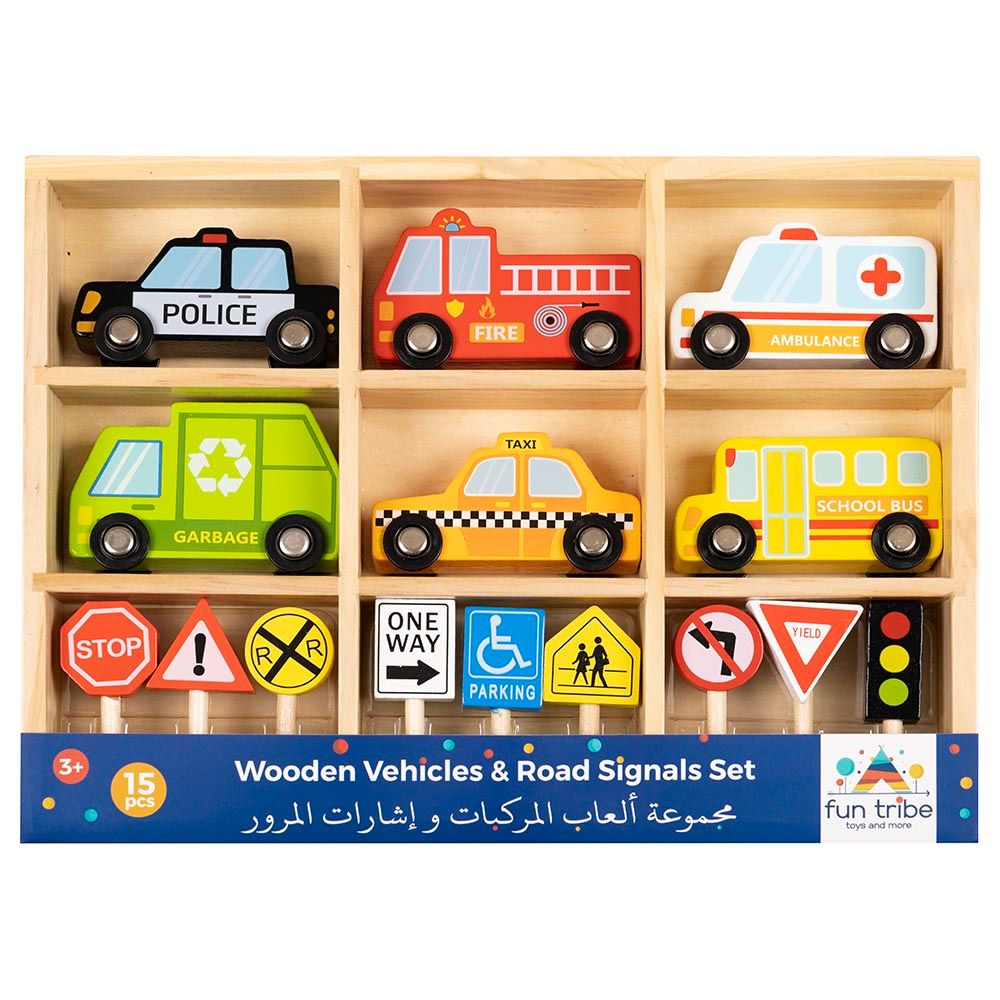 Fun Tribe - Wooden Vehicles & Road Signs Set