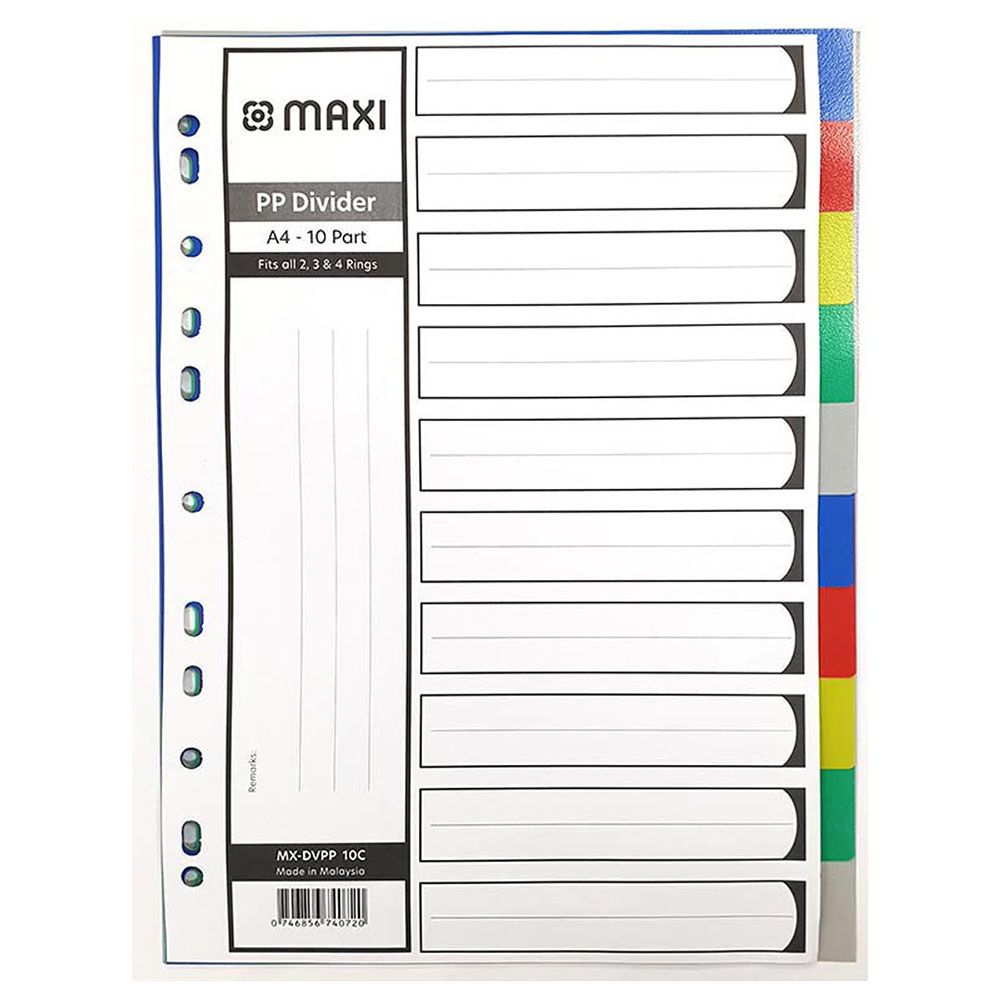 Maxi - A4 Plastic Binder Dividers - 10 Colours