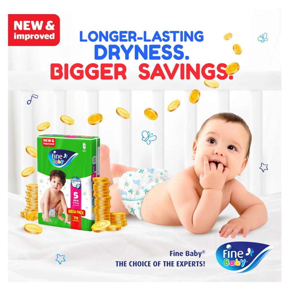 Fine Baby Diapers, DoubleLock Technology, Size 5, Maxi 11-18kg, Mega Pack, 70 Count