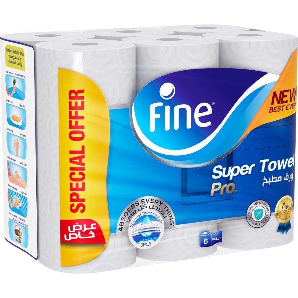 Fine - Kitchen Paper Towel - Highly Absorbent 3 Ply Tissue - 6 Rolls