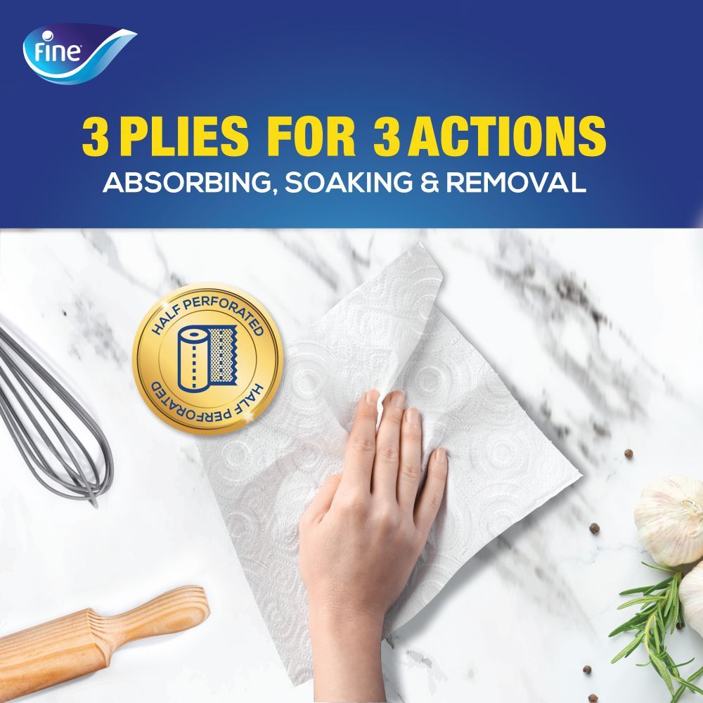 Fine - Kitchen Paper Towel - Highly Absorbent 3 Ply Tissue - 6 Rolls