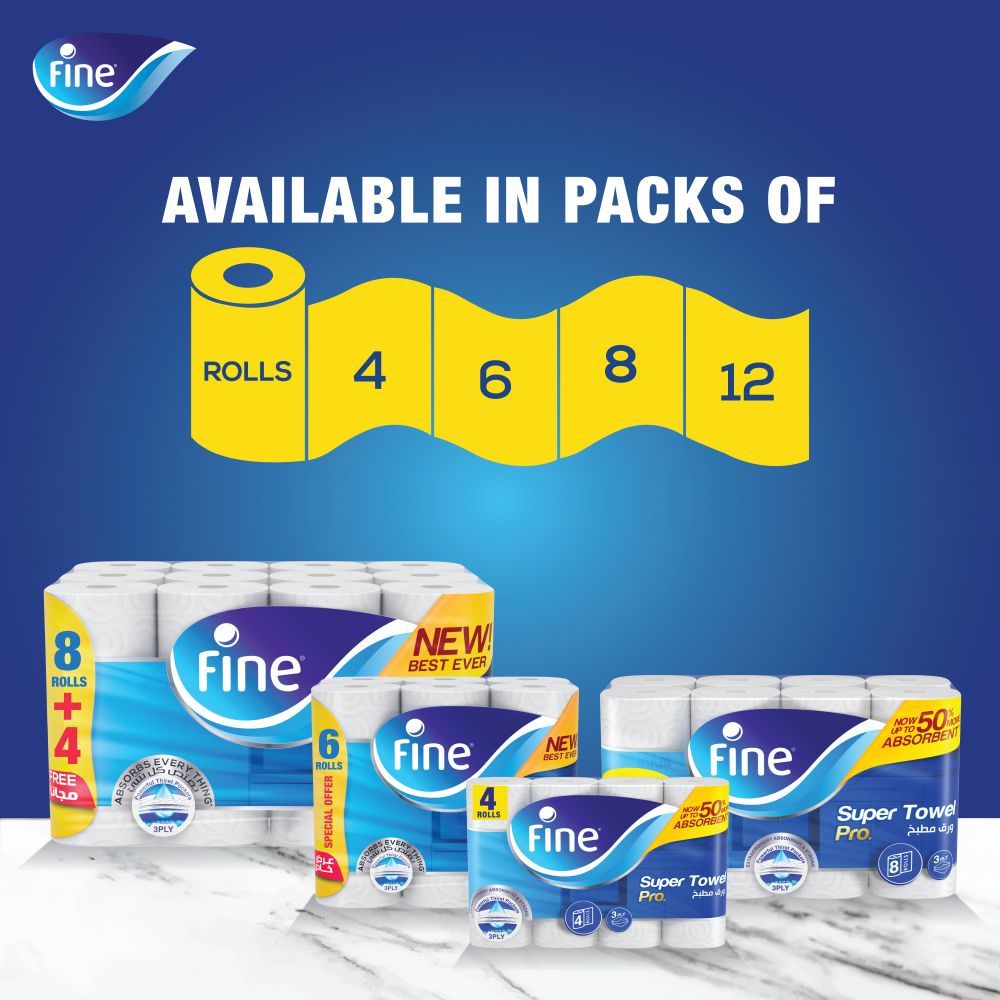 Fine - Kitchen Paper Towel - Highly Absorbent 3 Ply Tissue - 6 Rolls