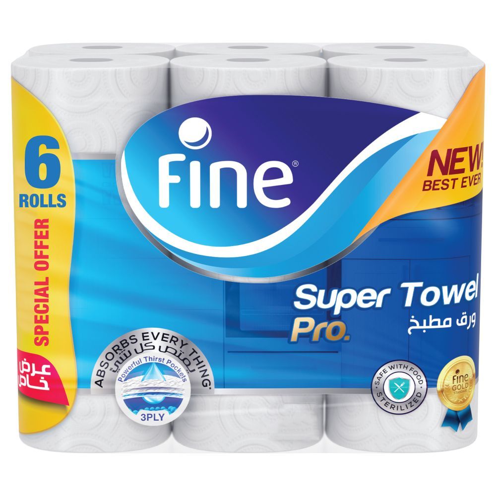 Fine - Kitchen Paper Towel - Highly Absorbent 3 Ply Tissue - 6 Rolls