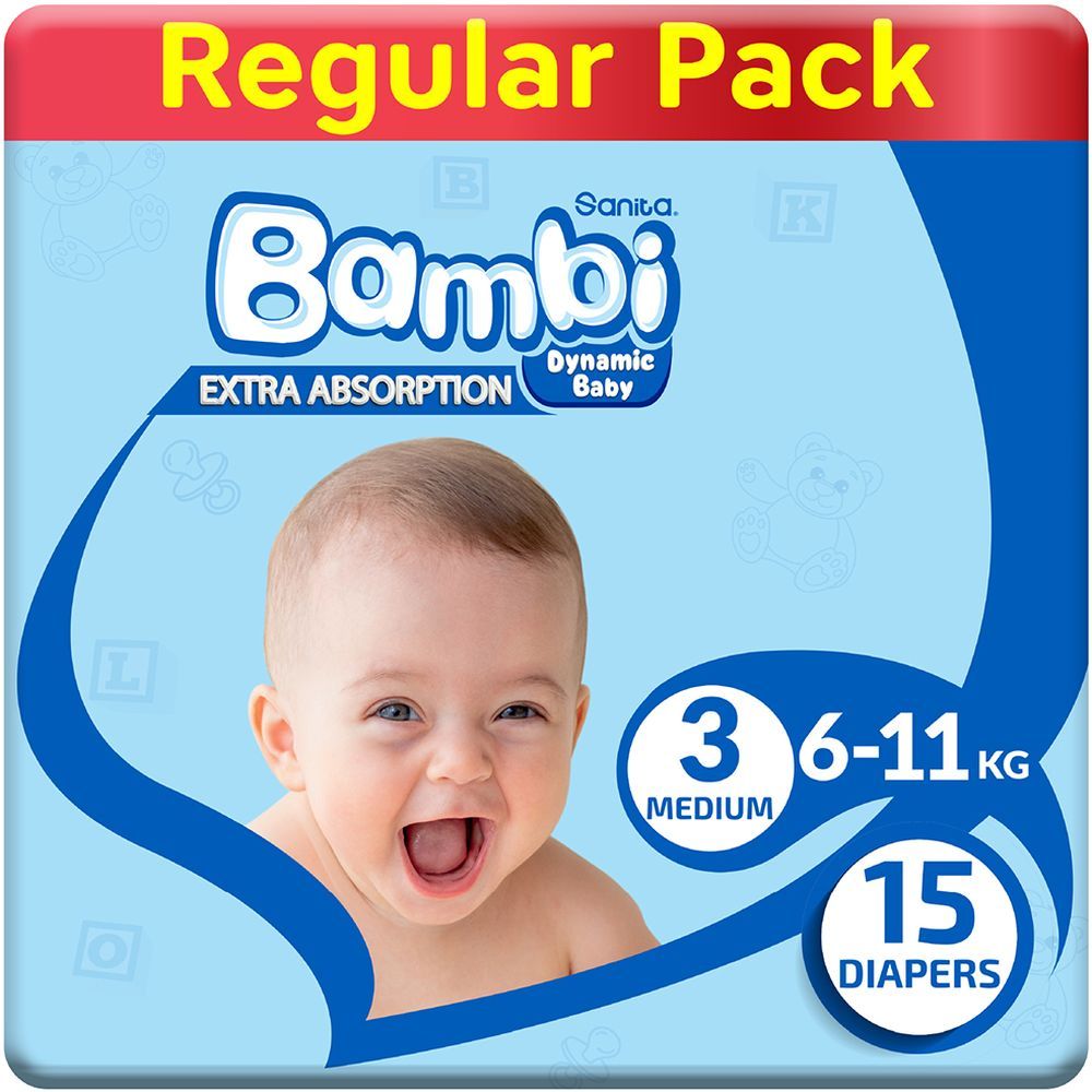 Sanita Bambi Baby Diapers Regular, Medium, 5-9KG, 15Count