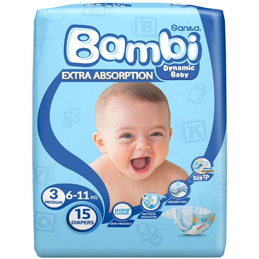 Sanita Bambi Baby Diapers Regular, Medium, 5-9KG, 15Count