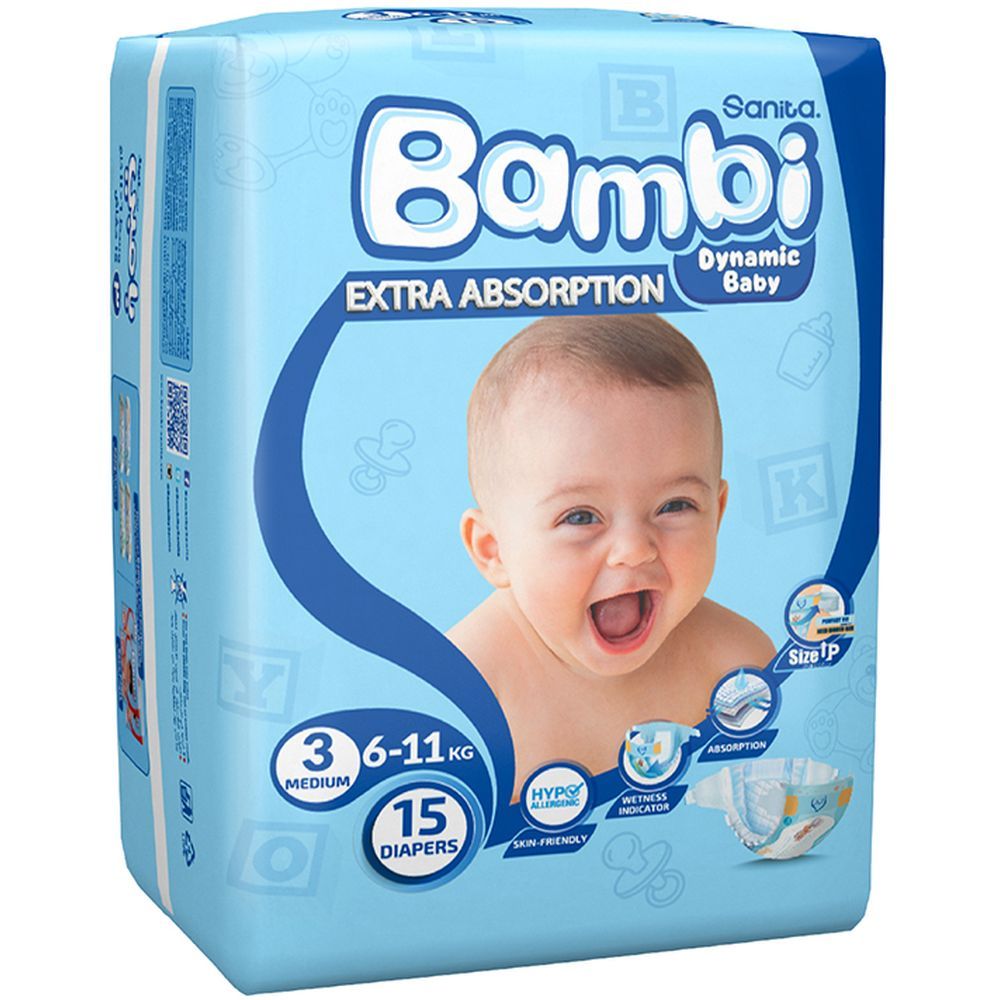 Sanita Bambi Baby Diapers Regular, Medium, 5-9KG, 15Count