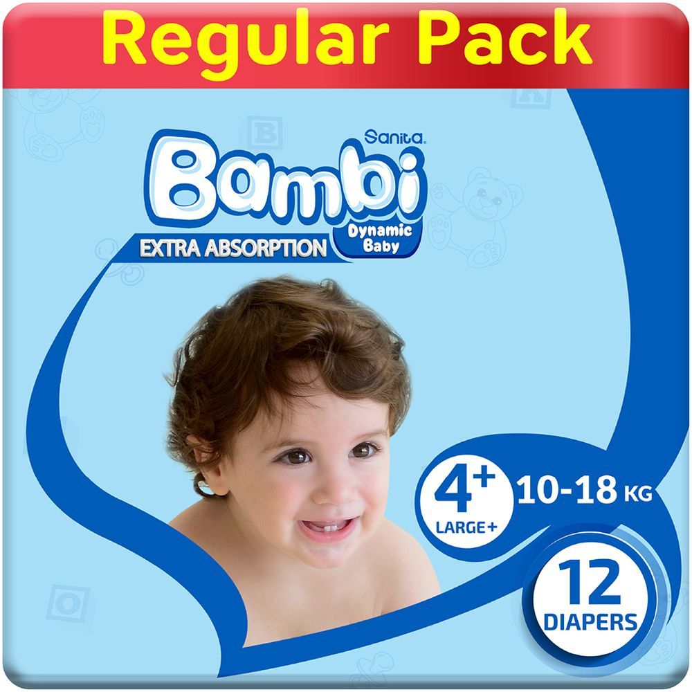 Sanita Bambi Baby Diapers Regular,Large+, 10-18KG, 12Count