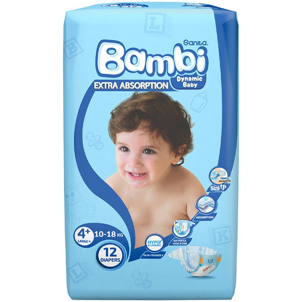 Sanita Bambi Baby Diapers Regular,Large+, 10-18KG, 12Count