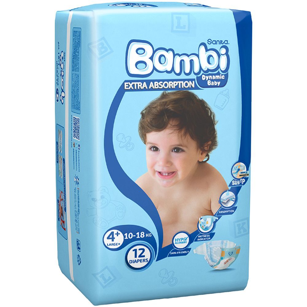 Sanita Bambi Baby Diapers Regular,Large+, 10-18KG, 12Count