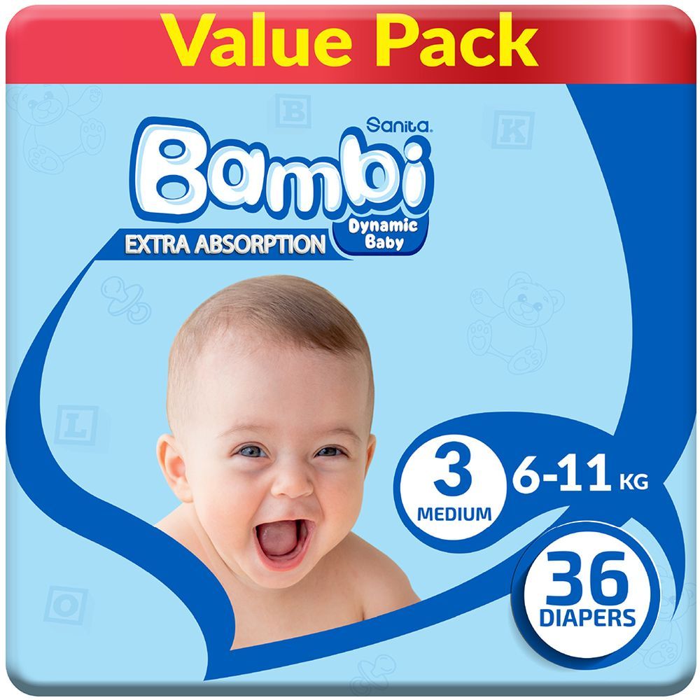 Sanita Bambi Baby Diapers Value Pack Size 3,Medium,6-11 KG, 36Count