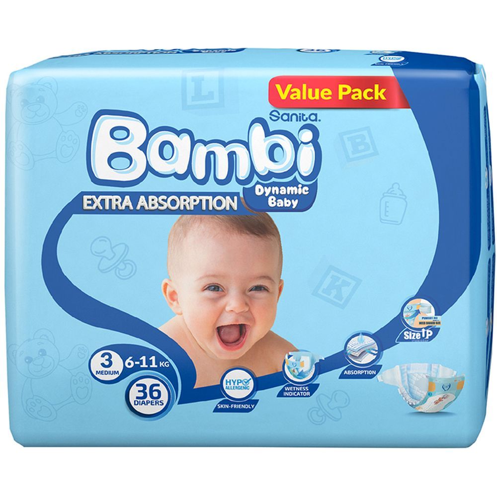 Sanita Bambi Baby Diapers Value Pack Size 3,Medium,6-11 KG, 36Count