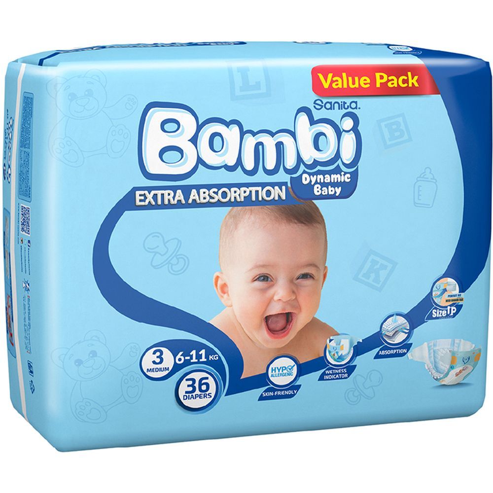 Sanita Bambi Baby Diapers Value Pack Size 3,Medium,6-11 KG, 36Count