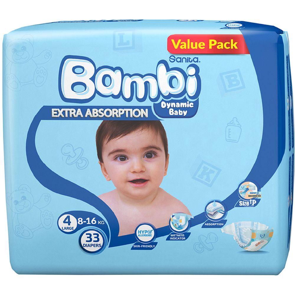 Sanita Bambi Baby Diapers Value,Large, 8-16KG,33Count