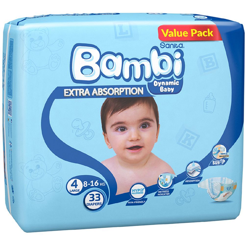 Sanita Bambi Baby Diapers Value,Large, 8-16KG,33Count