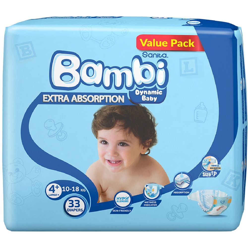 Sanita Bambi Baby Diapers Value,Large+,10-18KG,33Count