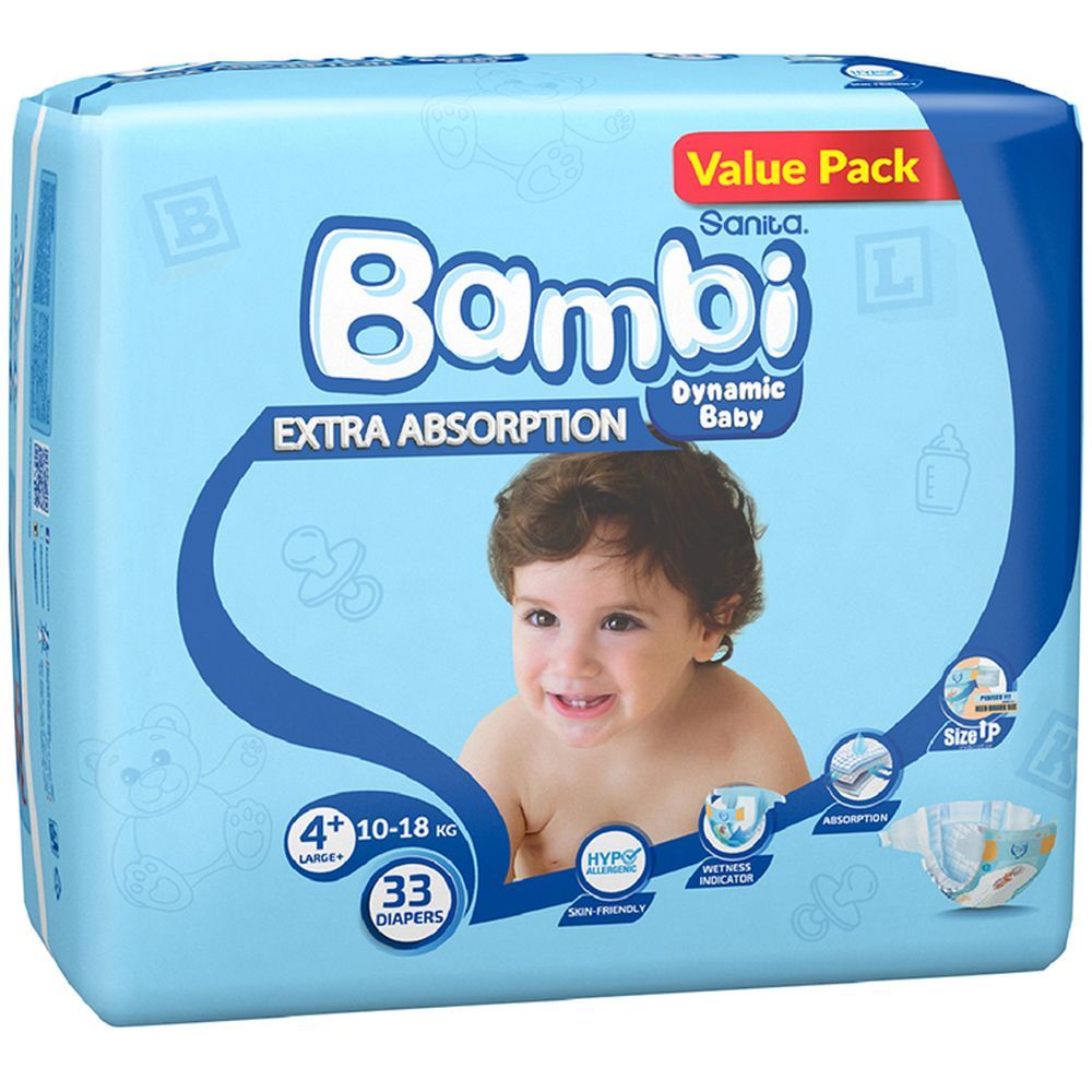 Sanita Bambi Baby Diapers Value,Large+,10-18KG,33Count